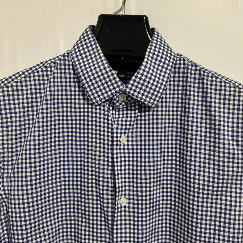 Banana Republic Mens Non-Iron Cotton Stretch Gingham Dress Shirt Navy Blue S